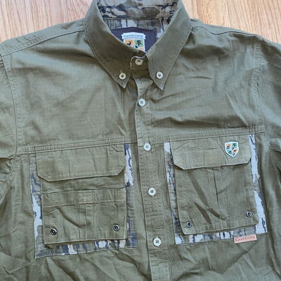 Gamekeeper Men M Army Green Short Sleeve Button-Up Shirt Ripstop Camo Highlights - Picture 2 of 9